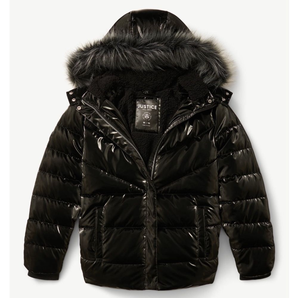 Justice Girls Puffer Jacket with Faux Fur Lined Hood
